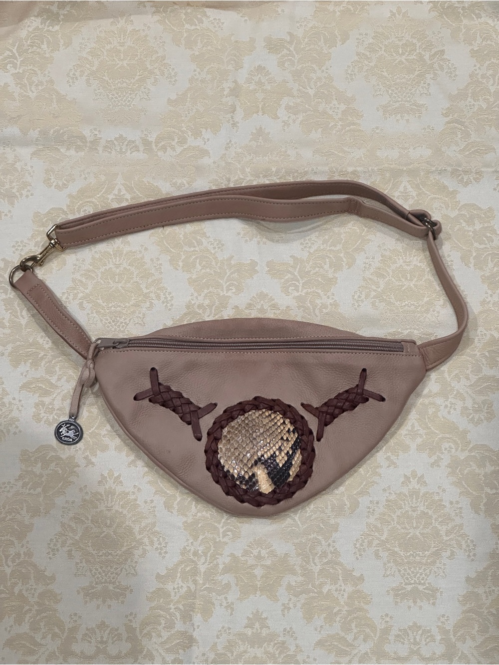 ERDA Beige Leather w/ Python Skin Accent Belt Bag Fanny Pack Braided Trim Zip